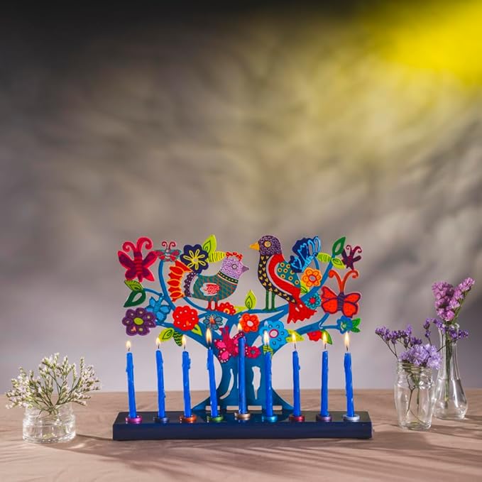 Yair Emanuel Menorah for Hanukkah | Colorful Hand Painted Design | Judaica Gift (Birds & Butterflies (HAY-1))
