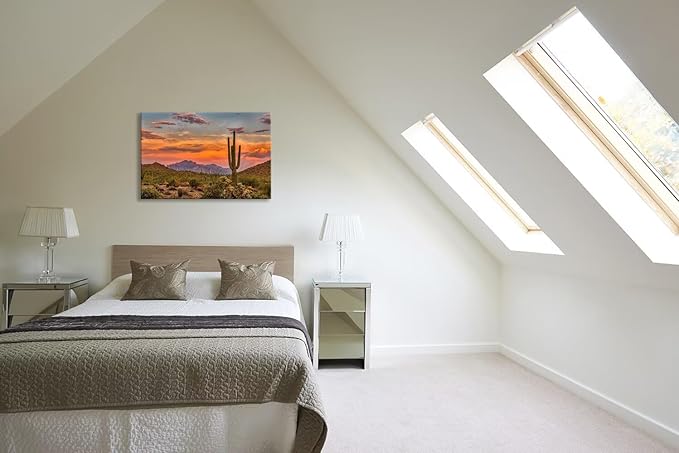 Sunset in the Sonoran Desert Wall Art for Living Room Bedroom Bathroom Home Decorations Cactus Picture Poster Canvas Prints Desert Artwork Framed Ready to Hang(24''H x 36''W)