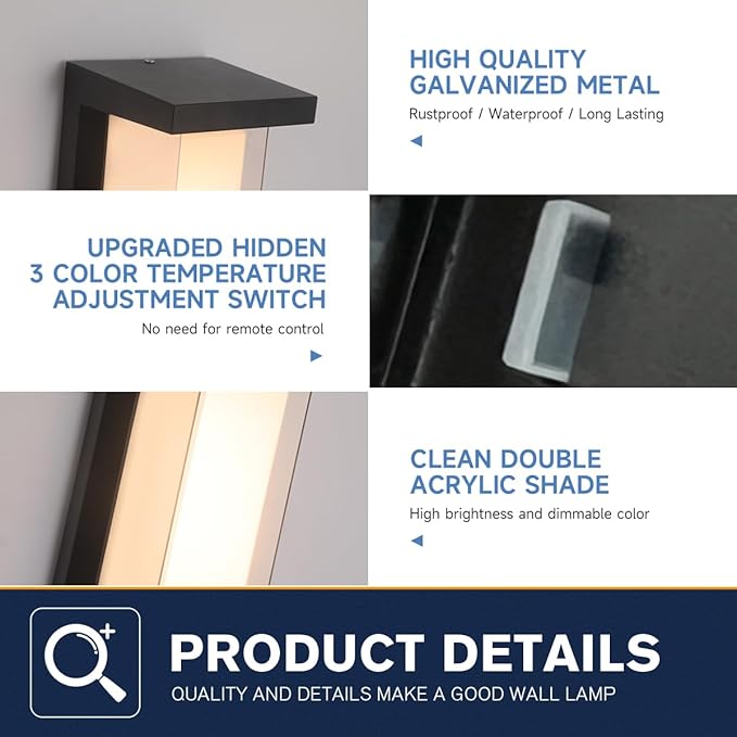 Modern Outdoor Wall Lights,24W Exterior Wall Lanterns,15%-100% Dimmable,3CCT 3000K/4000K/6500K,2160LM Aluminum Outdoor Wall Light Fixtures,10.23 Inch Matte Black Indoor Wall Sconces Art Lights 4 Pack