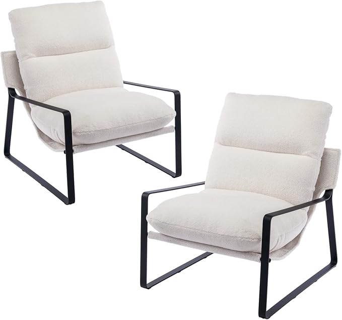 HEAH-YO Modern Accent Chair Set of 2, Upholstered Sherpa Living Room Chair with Backrest and Metal Frame, Comfy Reading Chair for Bedroom, White