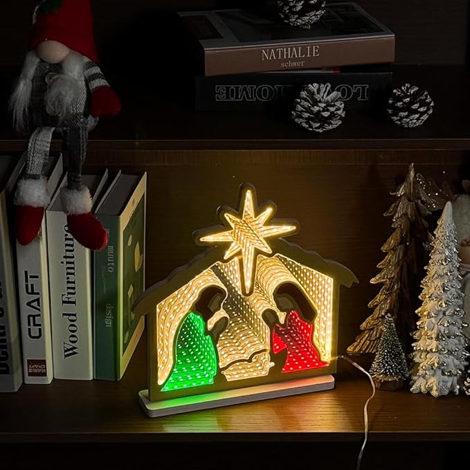 MEETYAMOR Nativity Sets for Christmas Indoor, Nativity Scene Infinity Mirror Tunnel Light, Nativity Scene with Manger for Home Living Room Mantel Table Centerpiece Christmas Decorations