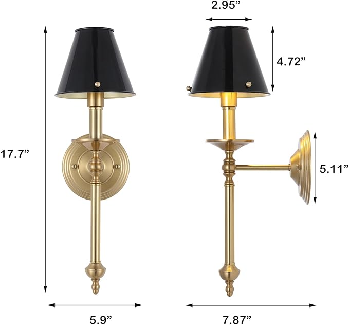 Modern Wall Sconce Industrial Mid Century Bathroom Vanity Wall Light Brushed Brass Finished Frame and Black Metal Lampshade Wall Mount Lights for Living Room Bedroom Stairs Corridor Mirror