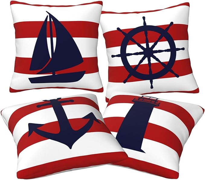 Set of 4 Summer Beach Throw Pillow Covers 18x18 Red and White Stripe Coastal Ocean Anchor Pillow Cover Couch Decorative Outdoor Square Pillow Cushion Cases for Living Room Sofa Bed Home Decor