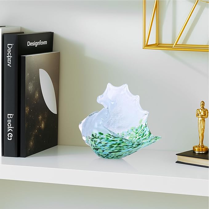 LCCCK Hand Blown Glass Conch Shell Sculpture, Sea Glass Art Figurines, Beachy Room Decor, White and Green Conch Shell Decorative Statues, Sea Shell Coastal Decor for Shelf House Room, Beachy Gifts