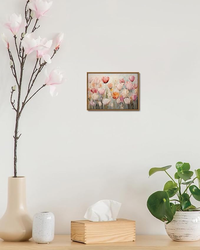 KISSFOX Boho Textured Floral Canvas Wall Art Blush Peach Tulips Framed Wall Art Vintage Colorful Paintings Artwork Abstract Modern Art Prints For Bedroom Kitchen Living Room