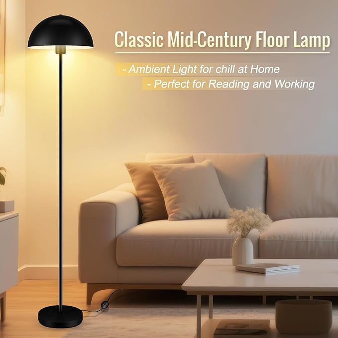 Floor Lamp for Bedroom Modern, Lamp with Mushroom Lampshade, 65.5" Tall Floor Lamp, E26 Base, Footswitch, ETL Listed, Industrial Standing Lamps for Living Room Nursery, Mid Century Home Decor, Black