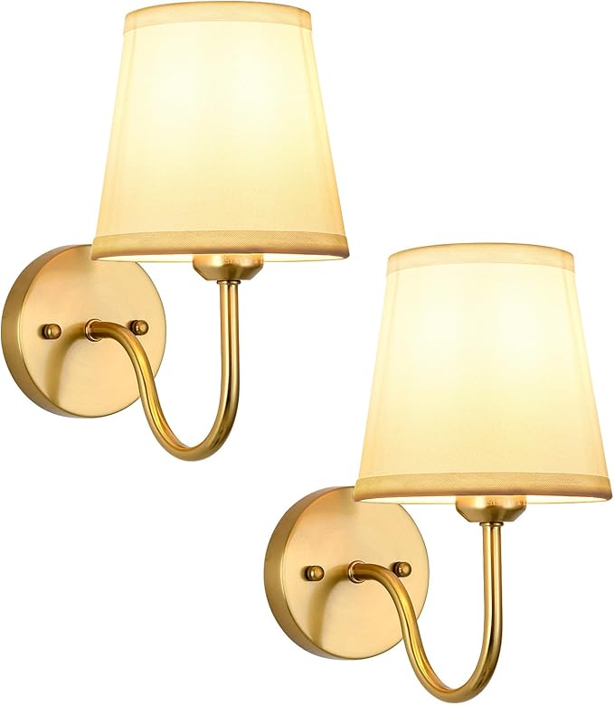 Wall Sconce Set of 2, Gold Bathroom Vanity Sconces Wall Lighting, Indoor Wall Lights with Light Beige Fabric Shades, Wall Mounted Lamps for Bedroom Living Room Hallway