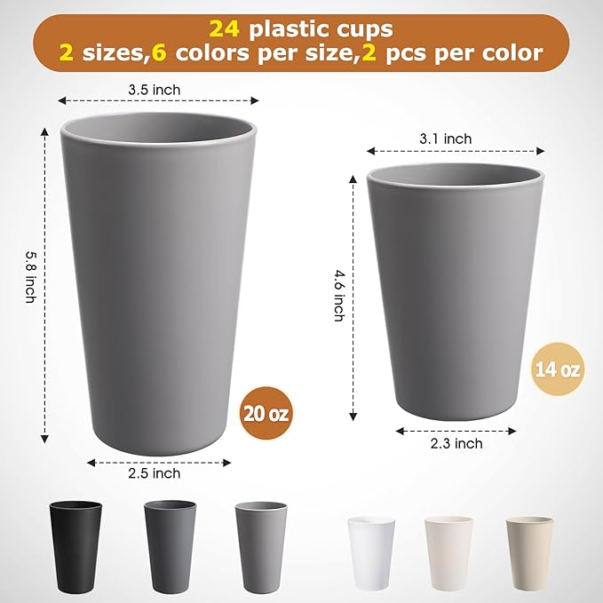 24 Pcs Unbreakable Plastic Cups Set, 12 Pcs 14 oz and 12 Pcs 20 oz Reusable Plastic Cups, Stackable Water Tumblers, Drinking Cup for Kitchen, BPA-free, Dishwasher and Microwave Safe, 6 Colors