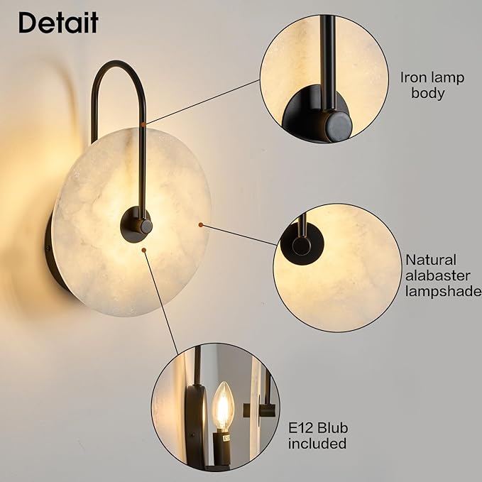 Round Alabaster Wall Sconce, Natural Marble Lampshade Wall Sconce, Hardwired Circular Sconce LED Modern Wall Lamp for Bedroom, Stairs, Living Room, Bedside, Hallway 7.84 Inch Black