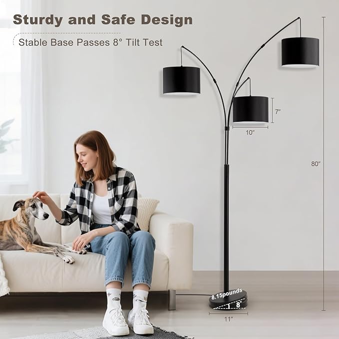 Floor lamp with Remote, 3 Light Arc Floor Lamps for Living Room, 2400LM Tall Standing Floor Lamps with Black Shades, 80" Large Floor Lamp for Bedroom, Office