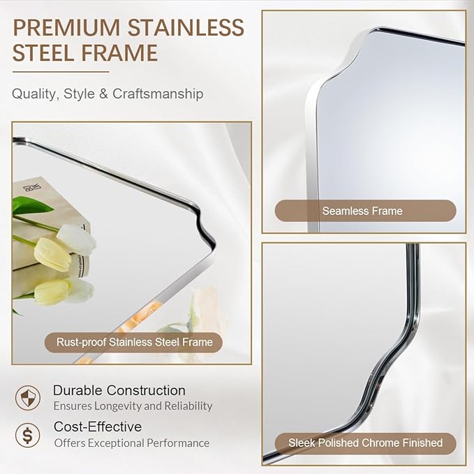 ANDY STAR 30x48 Inch Chrome Mirror, Large Polished Chrome Rectangle Mirror, Scalloped Edge Design with Anti-Rust Stainless Steel Metal Thin Frame Deep 1’’, Wall-Mount Vertically or Horizontally