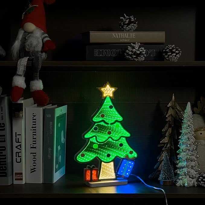 MEETYAMOR Christmas Decorations Indoor, Christmas Tree Infinity Mirror Tunnel Light - 3D Endless Extension LED Night Lamp, USB Powered Colorful Table Centerpiece for Bedroom, Living Room Home Decor
