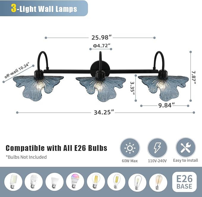 3 Light Bathroom Vanity Light Black Wall Sconce with Blue Flower Glass Shade Bathroom Wall Light Vintage Wall Sconce Art Deco Vanity Lights Over Mirror for Bedroom Hallway Living Room
