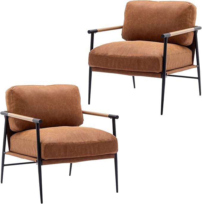 DUOMAY Mid-Century Modern Accent Chair Armchair Set of 2, Soft PU Leather Sofa Lounge Chair Reading Chair with Metal Leg for Living Room Bedroom Office, Brown