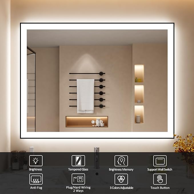 48x36 Inch LED Bathroom Mirror with Black Frame, Backlit and Front Lighted Bathroom Mirrors for Wall, Anti-Fog, Dimmable, Memory, Shatterproof, LED Vanity Mirror for Bathroom