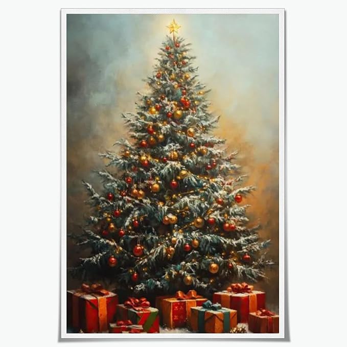 Vintage christmas wall art winter pine tree canvas poster xmas tree gift prints painting festive mood background wall decoration for living room bedroom Unframed12x16inch