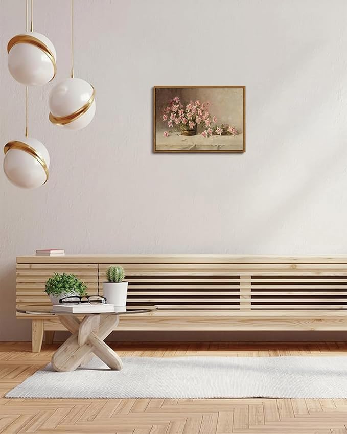 KISSFOX Vintage Floral Canvas Wall Art Framed Retro Pink Flower Botanical Painting Prints Farmhouse Rustic Still Life Roses Pictures Decor Gallery Office Living Room Bedroom Bathroom