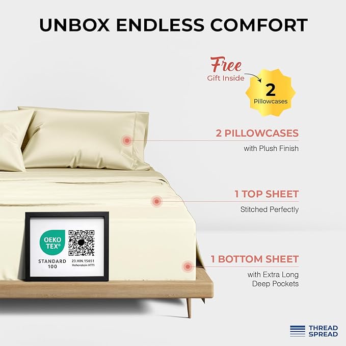 THREAD SPREAD 100% Egyptian Cotton Sheets Queen Size - 1200 Thread Count 4 PC Sheet Set Egyptian Cotton, Sateen Weave Luxury Sheets Queen Size, High Thread Count Sheets, 17" Deep Pocket - Ivory