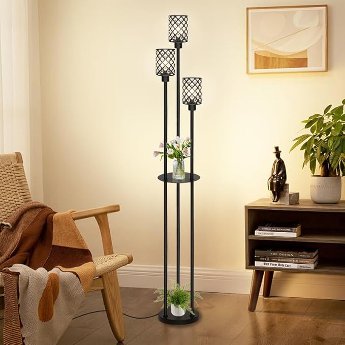 Floor Lamps for Living Room, Standing Floor Lamp with Shelves, Tall Lamp with Table, Modern Mid Century Floor Lamp with E26 Base, Coner Crystal Floor Light for Bedroom (Without Bulb)