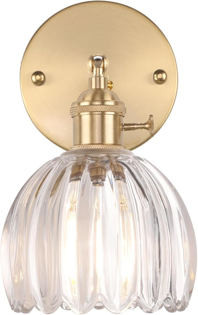 Vintage Wall Sconces with Cute Transparent Tulip Glass Lampshade 180 Degree Adjustable Brass Sconces Hradwired Modern Wall Lighting Fixture with Switch for Bedside Bedroom Doorway