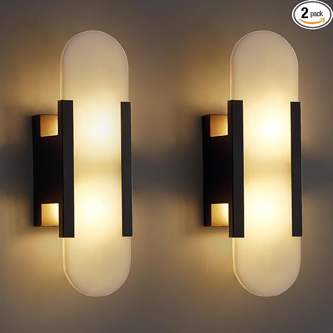 13.8in Alabaster Wall Sconces Set of Two, Natural Marble Wall Lighting,Alabaster Wall Lamp for Bedroom Stairs, Living Room, Vanity, Hallway Bedside(Bulb Included)