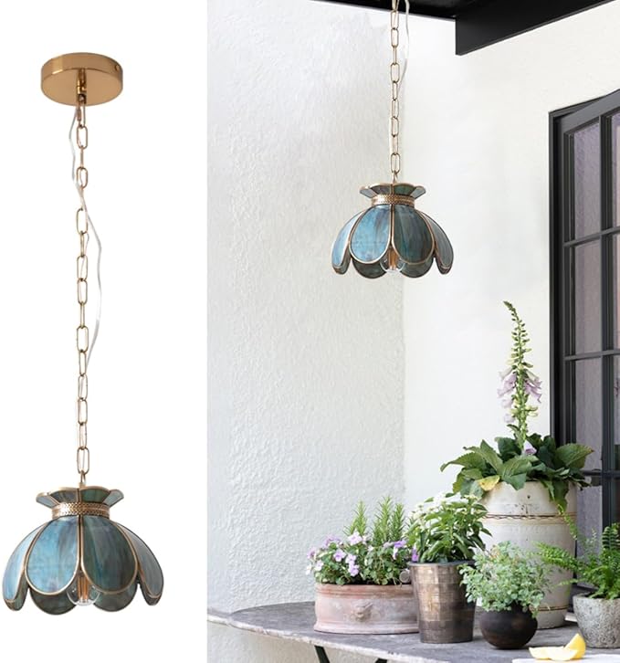 Yifi Mini Lotus Pendant Light Fixture, Vintage Brass Ceiling Pendant Lighting, Lotus Flower Glass Hanging Lamp for Kitchen Island, Dining Room, Living Room, Entryway, Shops, Mixing Blue Green
