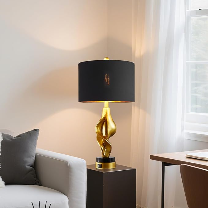 25.5'' Set of 2 Modern Table Lamps for Living Room Bedroom, Gold Leaf Sculptural Bedside Lamps with Marble Base and USB C+A Ports for Office End Tables Nightstand, 2 Bulbs Included