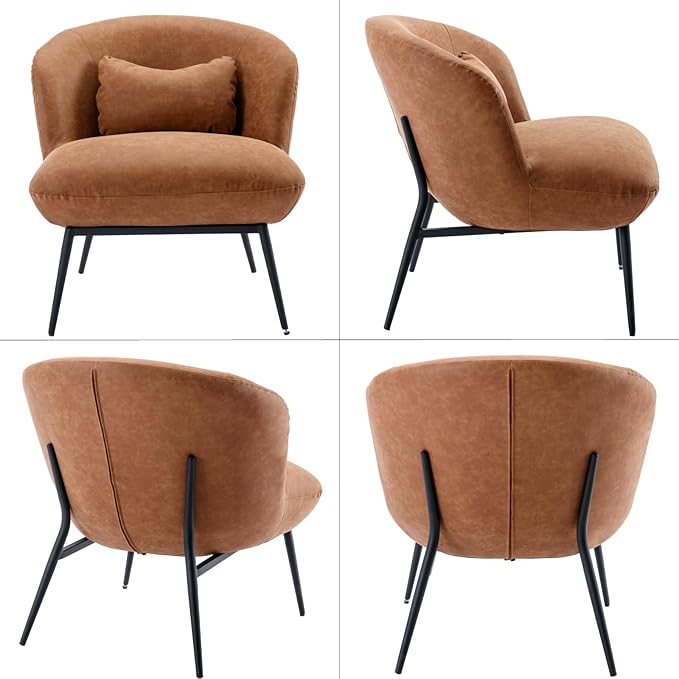 LukeAlon PU Leather Single Sofa Chairs Set of 2, Modern Upholstered Accent Chairs with Metal Legs and Pillow Cute Living Room Chairs Wide Seat Slipper Chairs for Bedroom Reception Area, Brown