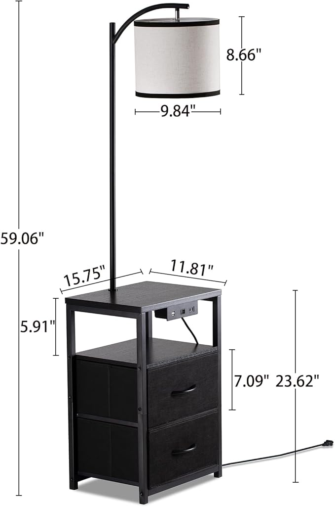 SUNMORY Floor Lamp with Table & 2 Drawers, Lamp with USB Port and Outlet, Lamps for Nightstand with 3 Color Temperature Led Bulb Included, Floor Lamps for Living Room, Bedroom and Home Office, Black
