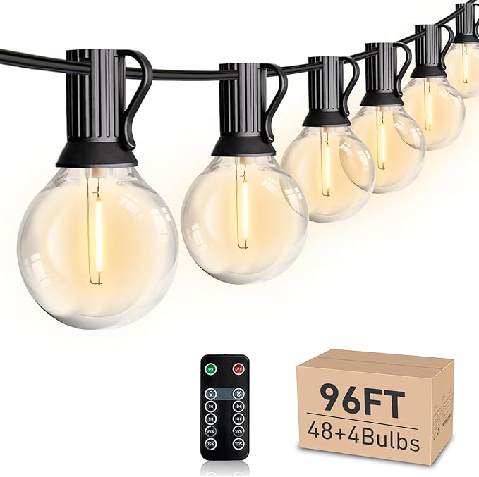 HISTAR 96FT LED Outdoor String Lights With Remote - Waterproof G40 Globe Lights, 52 Dimmable Shatterproof Bulbs for Patio, Backyard, Balcony, Bistro, Cafe Decorative Lighting