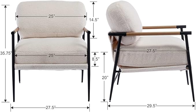 DUOMAY Mid-Century Modern Accent Chair Set of 2, Comfy Sherpa Sofa Lounge Chair Reading Corner Chair for Living Room Bedroom Office, Mid-Back Arm Chair with Black Metal Leg, White