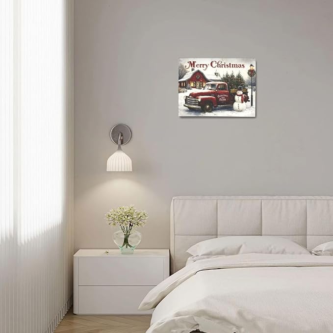 Christmas Pick-Up Truck Wall Art Christmas Tree Canvas Wall Decor Farm Barn Pictures Paintings Prints Snowman Artwork Framed Winter Holidays Decorations For Bathroom Bedroom Living Room Office Gifts 16" x 12"