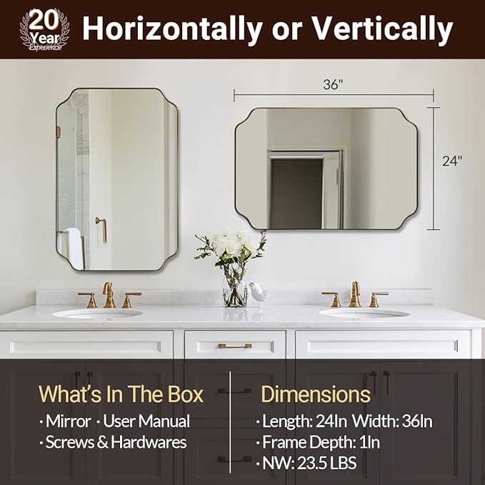 ANDY STAR 24"x36" Gold Mirror, Brushed Brass Scalloped Wall Mirror, Bathroom Mirror for Vanity, Wall Mirror with Aesthetic Scalloped Edge Design Ideal for Bathroom, Bedroom or Entryway