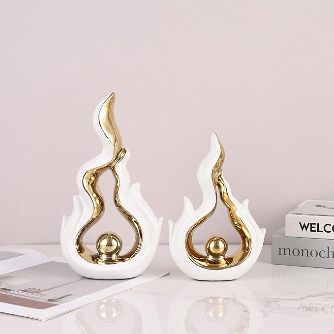 2 Pcs White and Gold Ceramic Sculptures for Home Decor, Modern Abstract Art Statues, Centerpieces for Dining Room Table, Living Room, Shelf, Mantel, Coffee Table, Entryway Accent Decorations