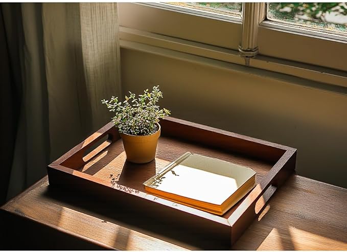 2 Pack Acacia Wood Serving Trays with Handles, 2 Sizes 17x13 & 16x12 inch Portable Ottoman Trays, Rectangular Wooden Tray Set for Food, Home Decor, Coffee Table, Living Room, Kitchen, 17"+16"