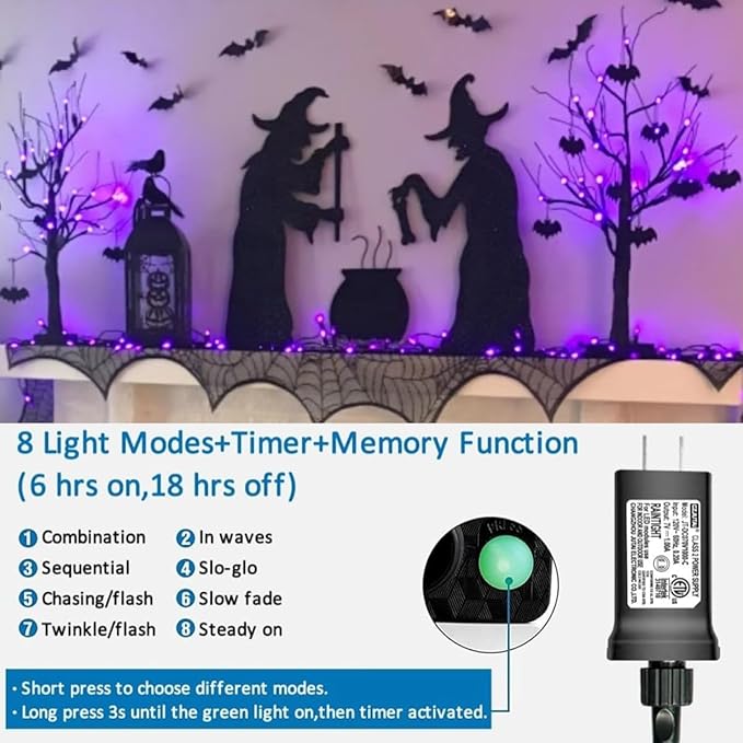 YEGUO 66ft 200 LED Purple Halloween Lights Outdoor Waterproof, Green Wire Christmas String Lights Indoor, 8 Modes Twinkle Tree Lights Plug in with Timer Memory