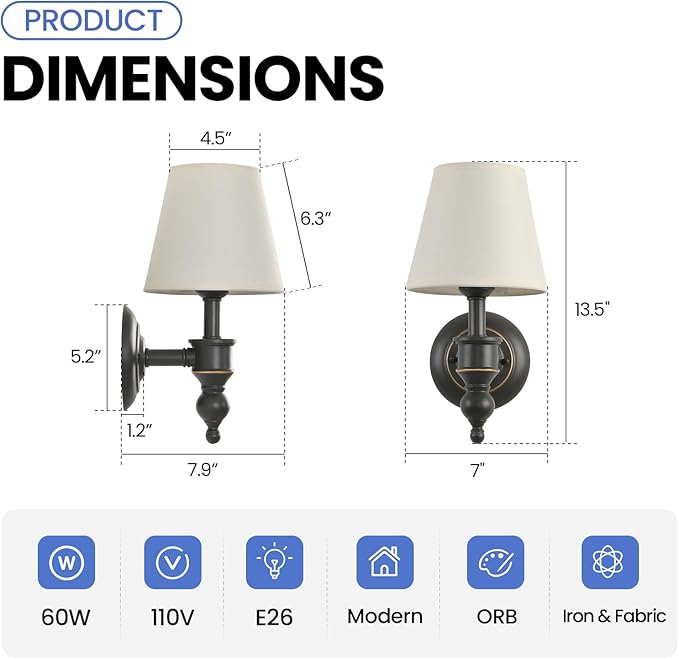 Wall Sconces Set of 2, Modern Wall Lamps for Bedroom, Sconces Wall Light Fixture with Beige Fabric Shade, Indoor Wall Mounted Lamps for Living Room Hallway Kitchen, ORB Finish