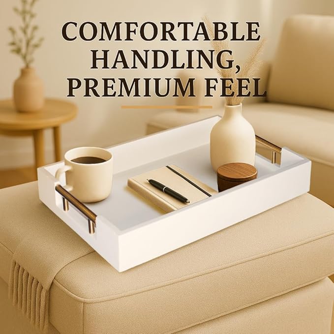 Serving Tray with Handles – 17 x 12 x 2 Inch White Acacia Wood Ottoman Tray Table Decorative – Coffee Trays Wood Decor for Kitchen – Breakfast in Bed Trays with Golden Metal Handles (White)