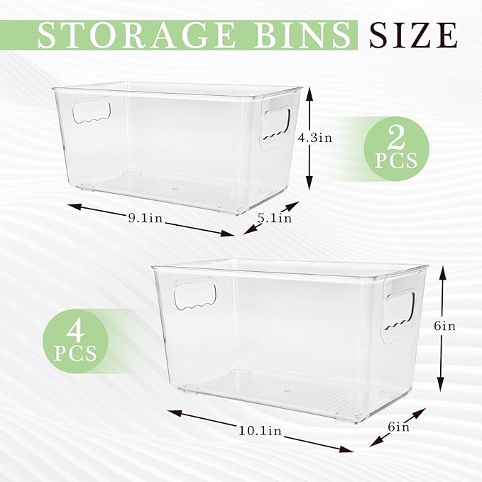 6 Pack 2-Size Plastic Storage Bins, Clear Refrigerator Drawer Organizer Containers with Handles, Stackable Pantry Organization Boxes for Home Kitchen Fridge Freezer Cabinet Bathroom