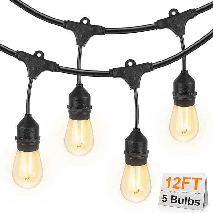 Waterproof Outdoor String Lights - 12Ft Commercial Grade Patio Lights Heavy Duty Light String Hanging Light Fixture with 11W S14 Bulbs for Deckyard Garden Porch Party Decor