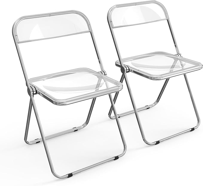 VINGLI Acrylic Folding Chairs 2 Pack, Clear Chair Foldable and Stackable, Plastic Panel & Metal Chrome Frame, Weight Capacity 350 lbs, Transparent