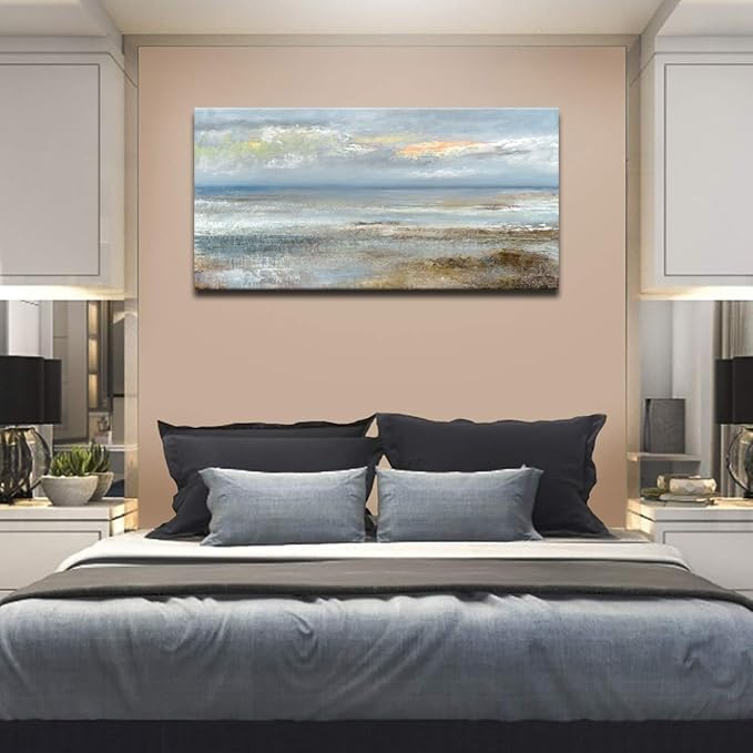 Abstract Wall Art Large Canvas Pictures Modern Blue Ocean Artwork on Canvas Prints Wall Decoration for Living Room Bedroom Bathroom Kitchen Office Home Wall Decor Framed Ready to Hang 24" x 48"