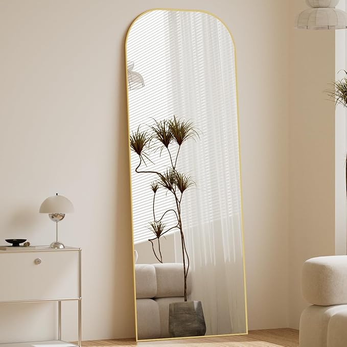 Koonmi Full Length Mirror, 56"x21" Mirror Full Length with Stand, Gold Domed Top Square-Edged Floor Mirror with Aluminum Alloy Frame for Bedroom Living Room