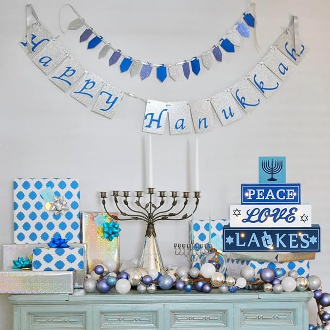 Hanukkah Decorations for Home, 4-Layered LED Wood Block with Dreidel Star of David Menorah Hanukkah Decor, Decorative Blue & White Jewish Judaism Chanukah Decor for Mantel Tabletop Party