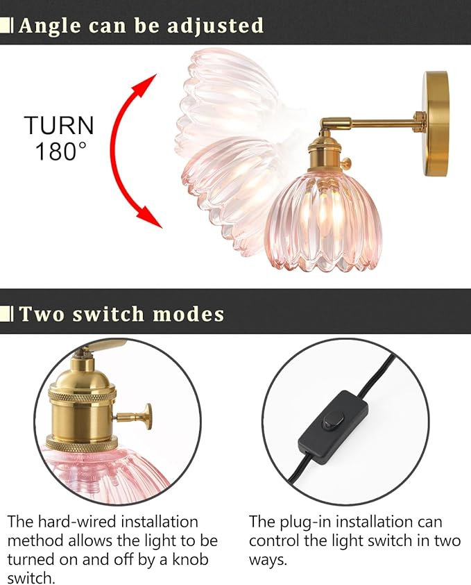 Plug in and Hardwired Wall Sconces, Luxury Vintage Tulip Crystal Glass Shade Wall Light with Switch for Bedside Bedroom Living Room (Tulip-Pink, 1)