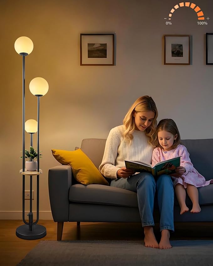 Lightdot 63IN Dimmable Black Floor Lamp with Shelf Mid Century Standing Lamps with 3000K Warm Bulbs with Candle Holder Style Modern Globe Floor Lamp for Living Room/Party