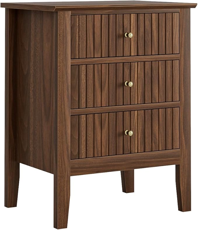 Night Stand, Fluted Nightstand Bedside Tall Farmhouse Nightstand with 3 Drawers, Mid Century Modern Side Accent Table,Bedside End Table for Bedroom, Living Room, Walnut