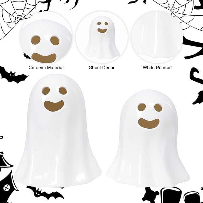 2 Pack Halloween Small Cute Ceramic Ghost Figurine Table Decor, 5.9" Ghost Figurines Decoration Family Statue Ghost Display Table Tray Fireplace Decorations, Halloween Tabletop Figurines Gift for Kids