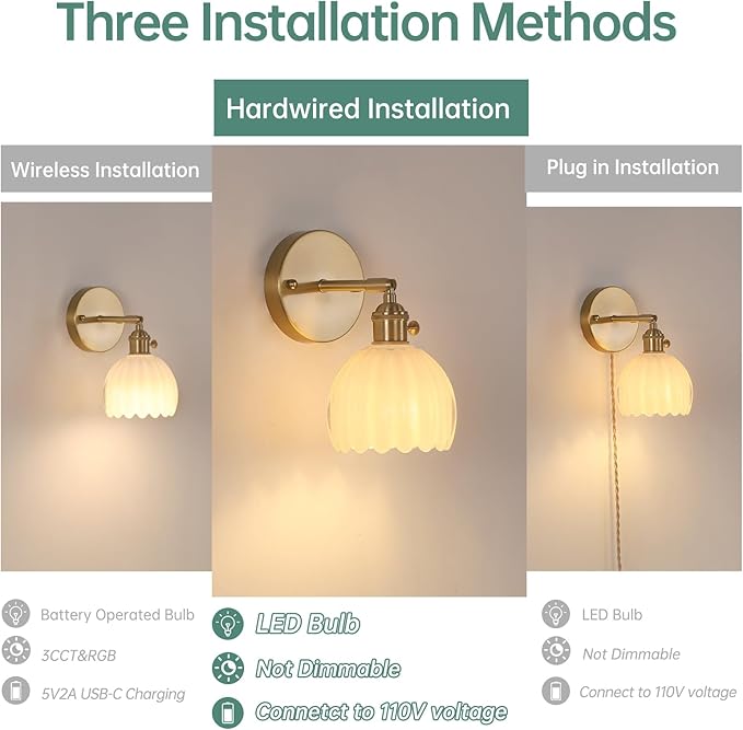 Vintage Wall Sconces with Cute White Tulip Glass Lampshade 180 Degree Adjustable Brass Sconces Hradwired Modern Wall Lighting Fixture with Switch for Bedside Bedroom Doorway