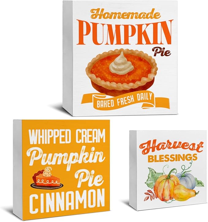 3 Pcs Fall Wood Signs Decor Autumn Pumpkin Wood Block Signs Farmhouse Fall Pumpkin Pie Harvest Blessings Wooden Box Signs Home Decorations for Tiered Tray Desk Table Shelf